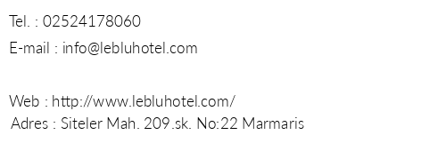 Le Blu Hotel telefon numaralar, faks, e-mail, posta adresi ve iletiim bilgileri